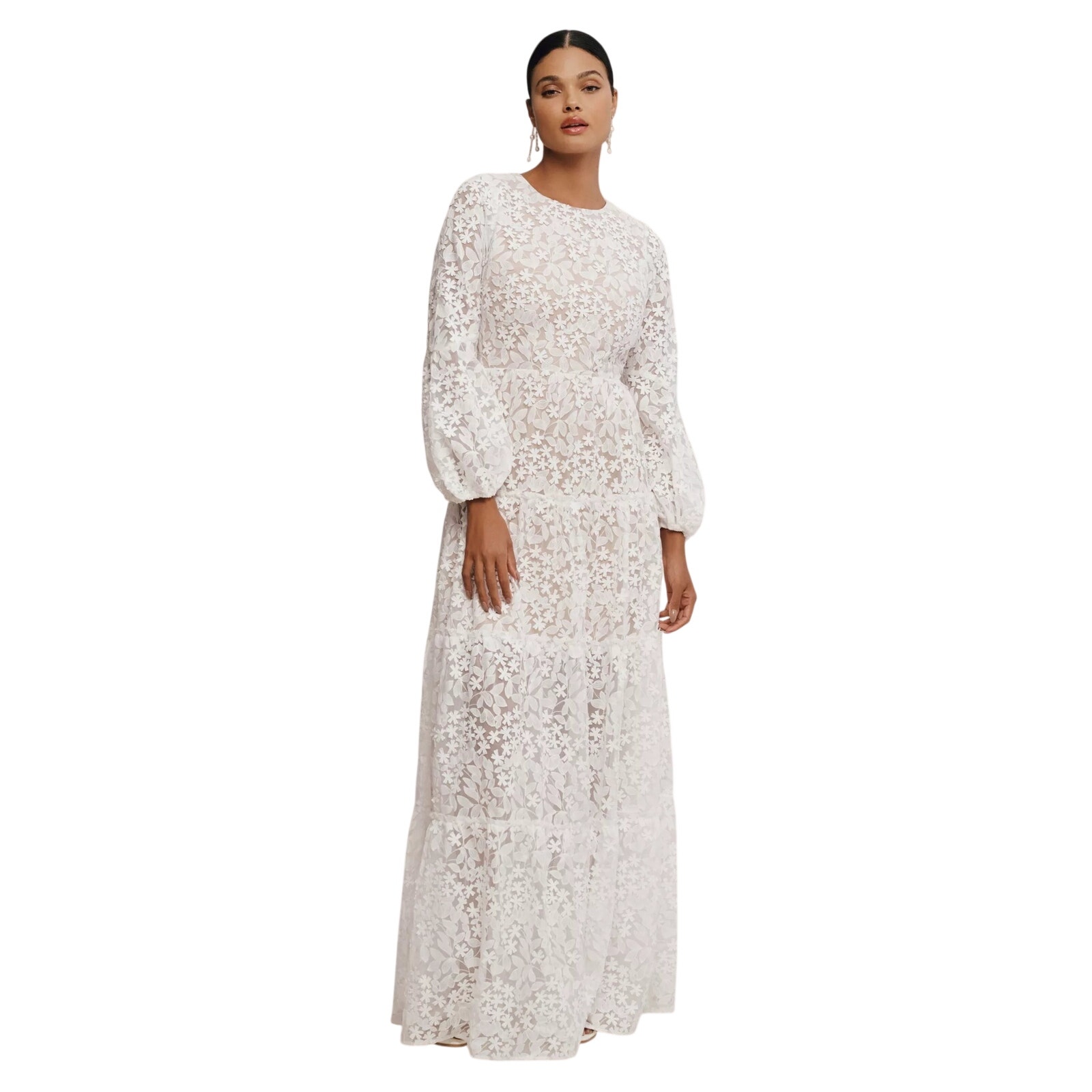 Dress The Population Lyra Embroidered Puff-Sleeve Tiered Maxi Dress White Size M